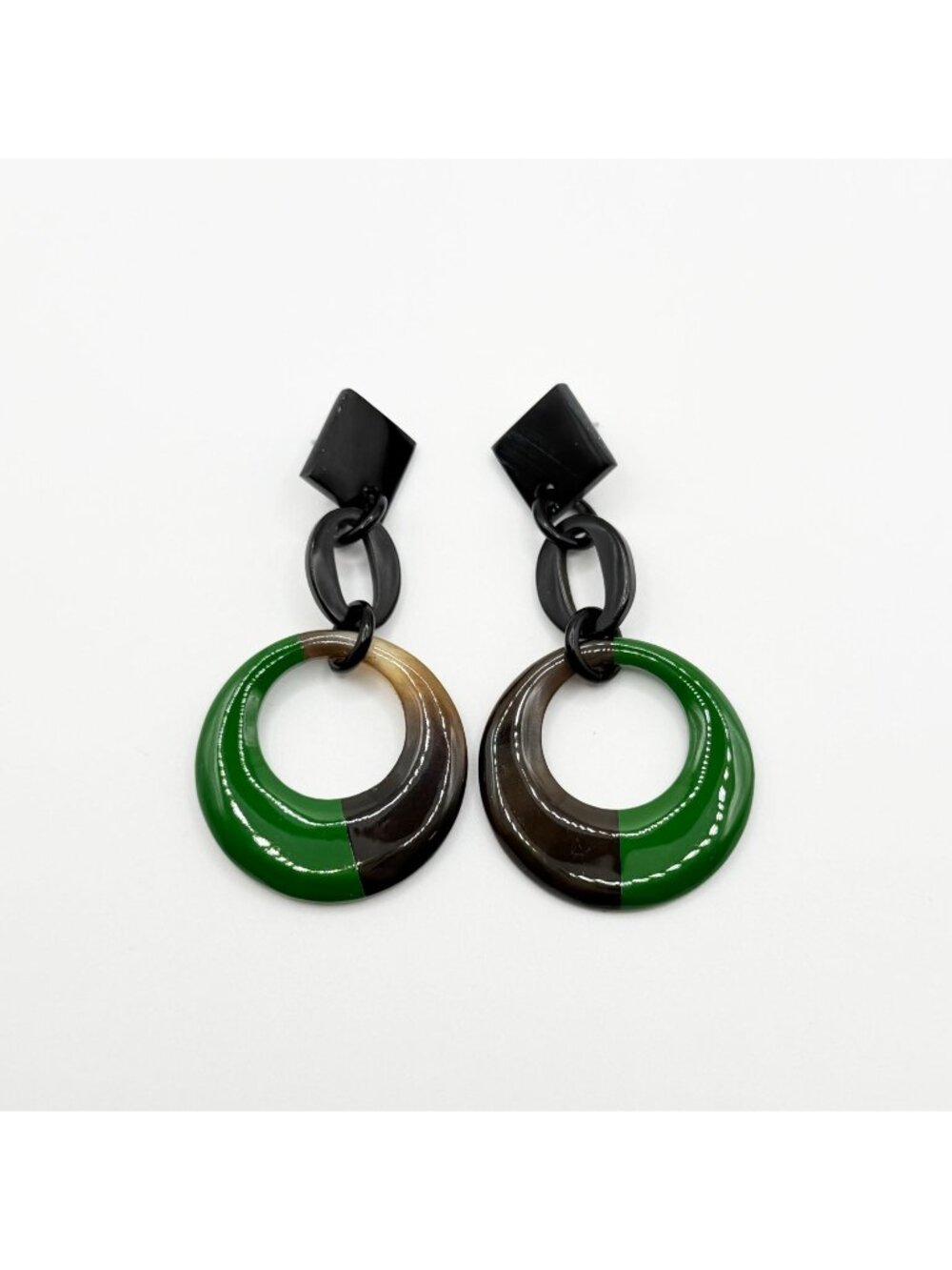 Geometric Black & Green Acrylic Drop Earrings With Circular Design